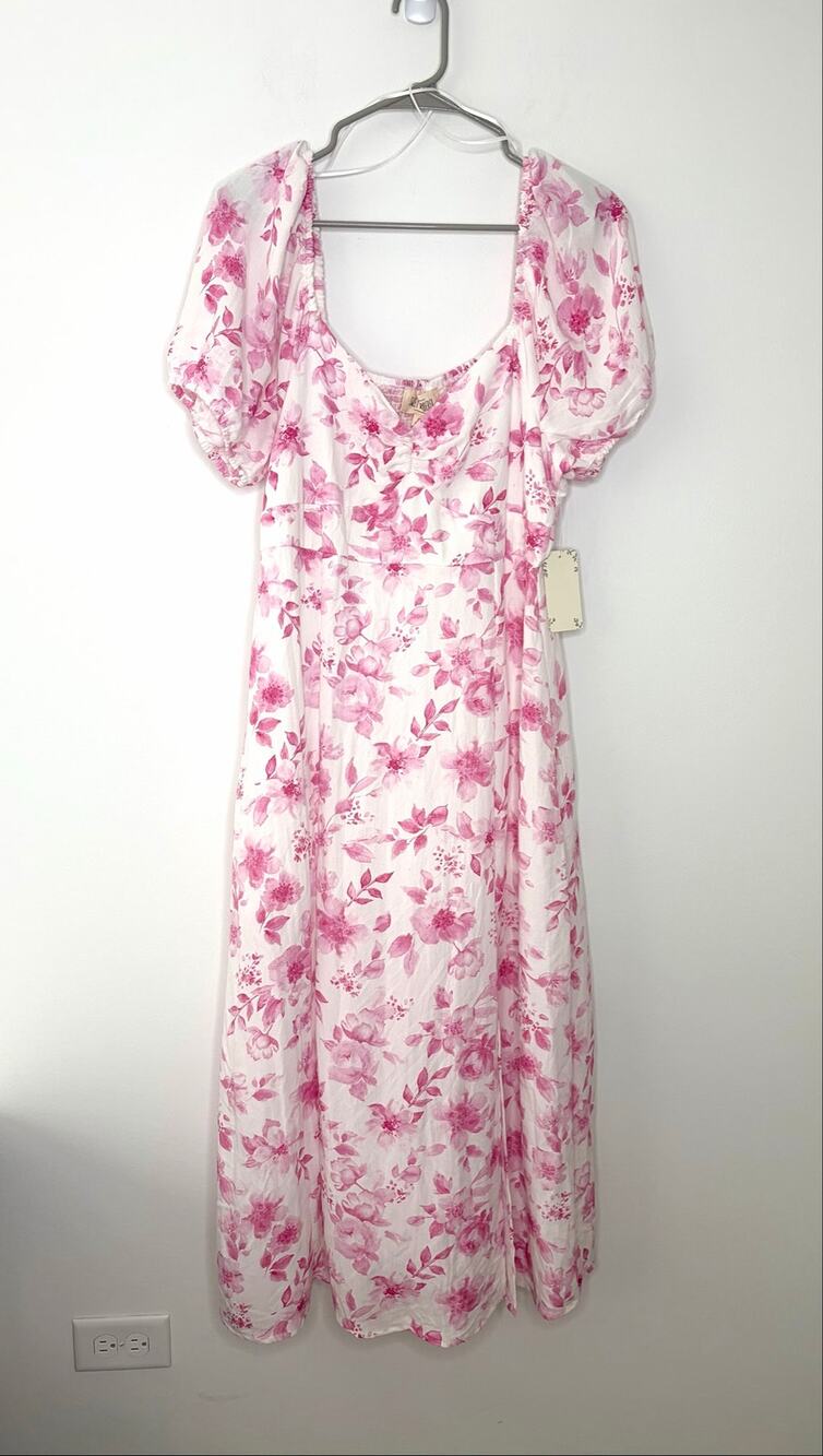 Sweet Wanderer Floral Midi Dress XL Puff Sleeves Front Slit Milkmaid Cottagecore